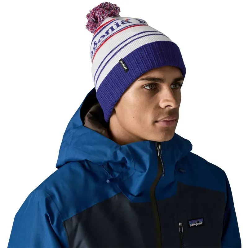 Patagonia Powder Town Beanie in Hut Tripper Logo: Mako Blue-1