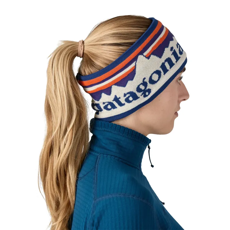 Patagonia Powder Town Headband in Hut Tripper Logo: Weathered Stone-2