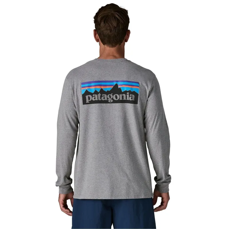 Patagonia Men's Long-Sleeved P-6 Logo Responsibili-Tee in Gravel Heather-3