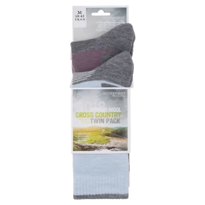 Silverpoint Merino Cross Country Two Pair Socks Pink Marl/Light Blue