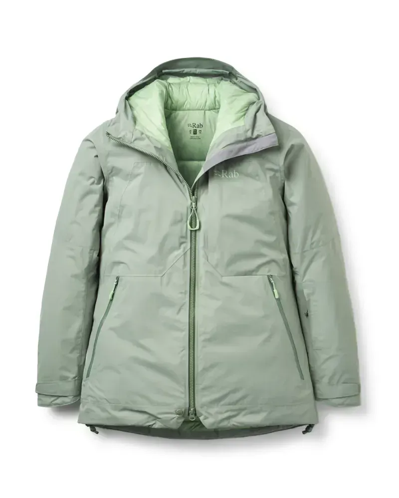 Rab Optical Waterproof Women's Down Jacket in Dark Fig Green